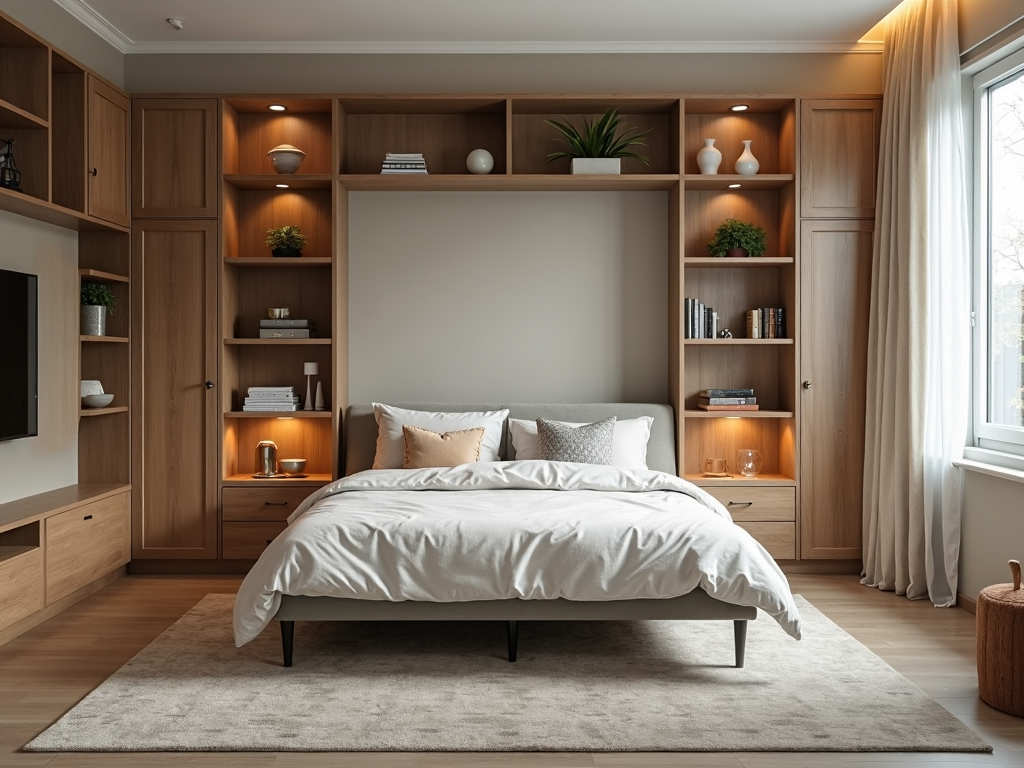 Cozy living room with convertible sofa and modular storage.
