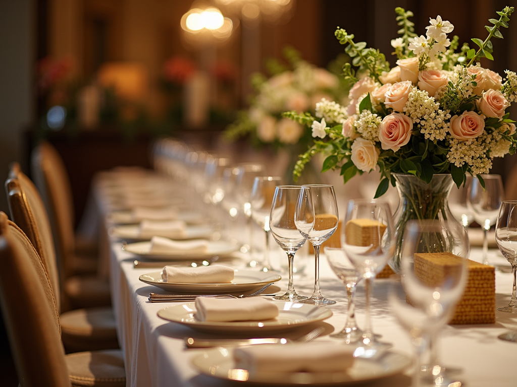 Formal dining table set with centerpiece, china, and glassware