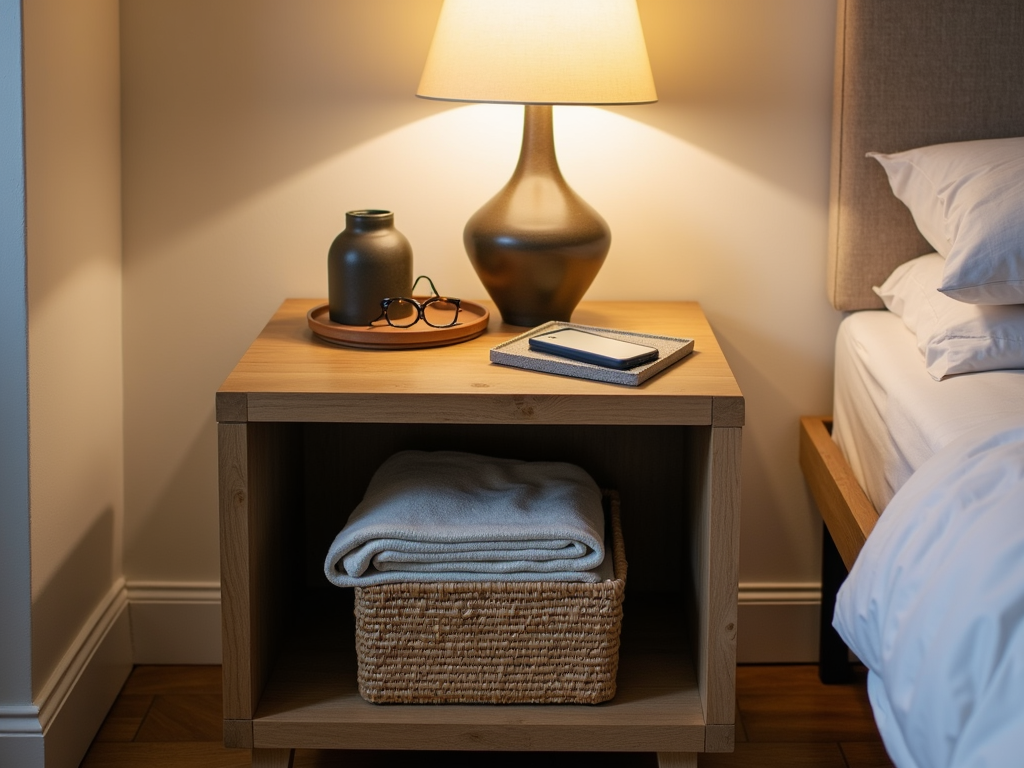 Open-shelf nightstand with basket and tray