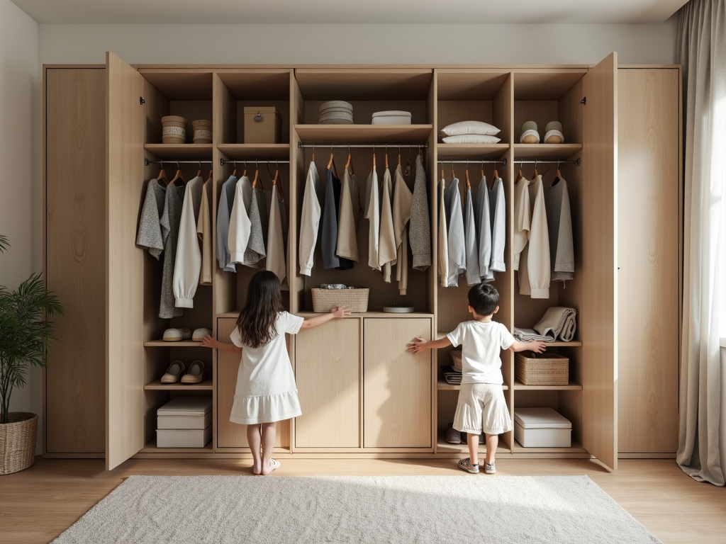 A spacious wardrobe accommodating a family's clothing.