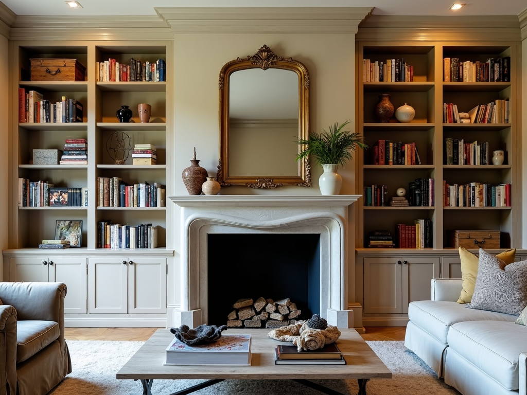 Built-in shelves around a fireplace