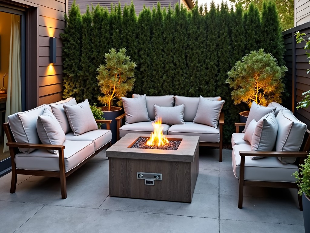 A compact patio with multi-functional furniture, including a fire pit table.