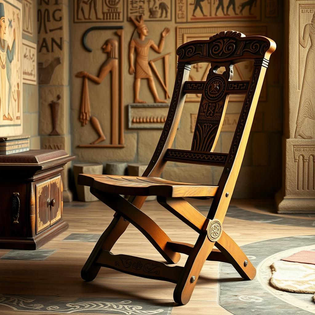 Vintage foldable wooden chair in an ancient Egyptian-themed room with stone walls.