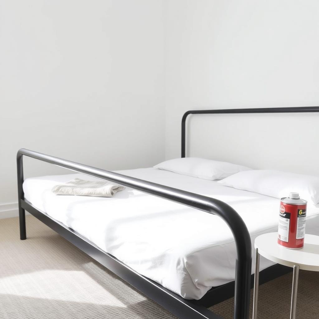 Metal bed frame with a cloth and rust-resistant polish in a minimalist bedroom.