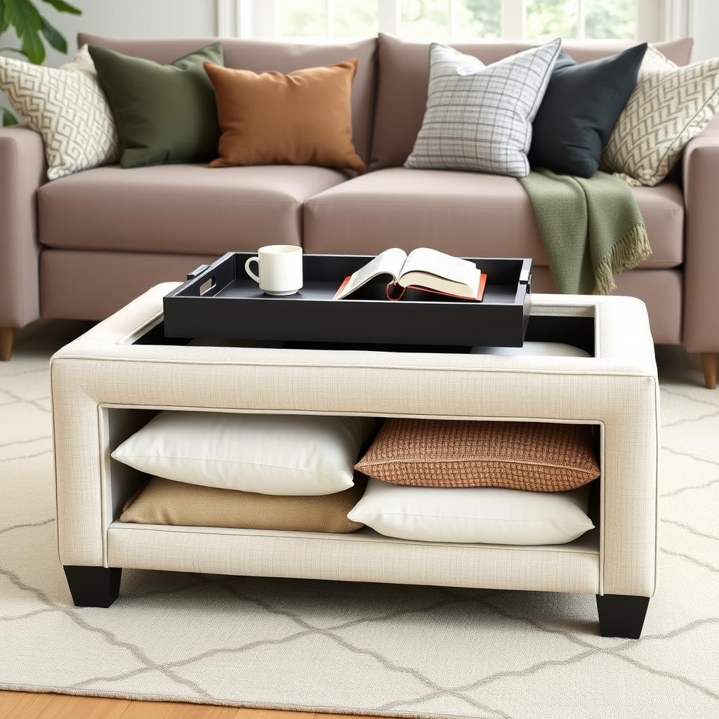 A neutral-colored storage ottoman in a small living room, doubling as a coffee table with blankets stored inside.