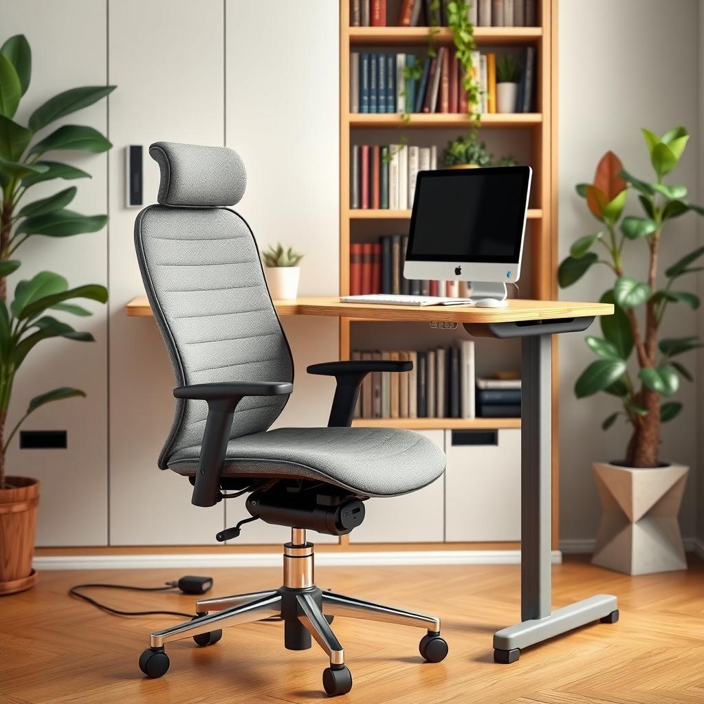 Cozy home office with adjustable desk and ergonomic chair