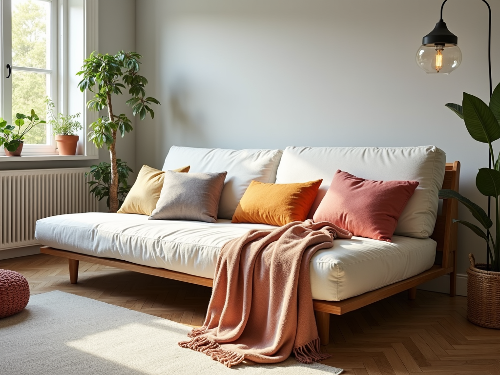 A stylish futon in a multi-use living space.