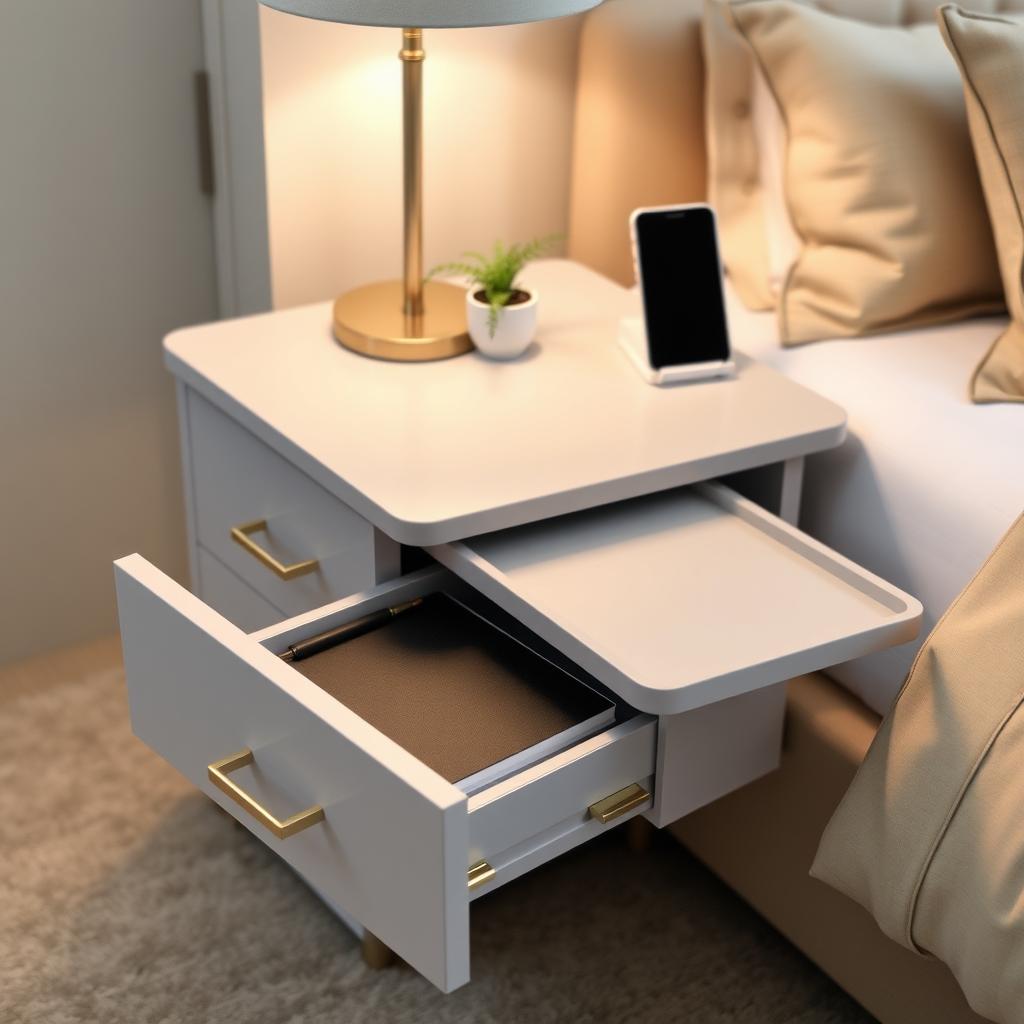 Stylish gray nightstand with a pull-out shelf and organized top in a small bedroom.