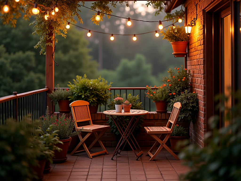 A small balcony transformed into a cozy retreat with a bistro set, plants, and string lights.
