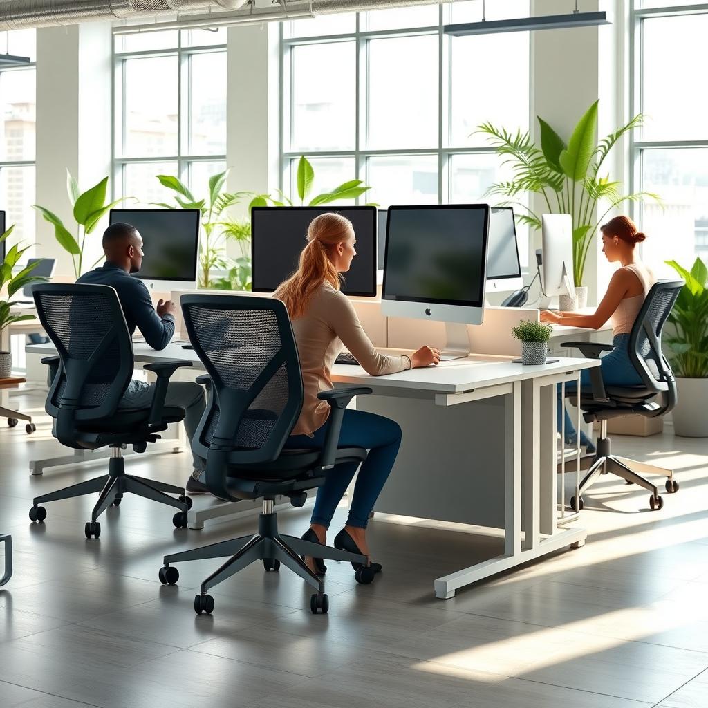 Modern office with ergonomic workstations, including adjustable chairs, standing desks, and monitors positioned at eye level.