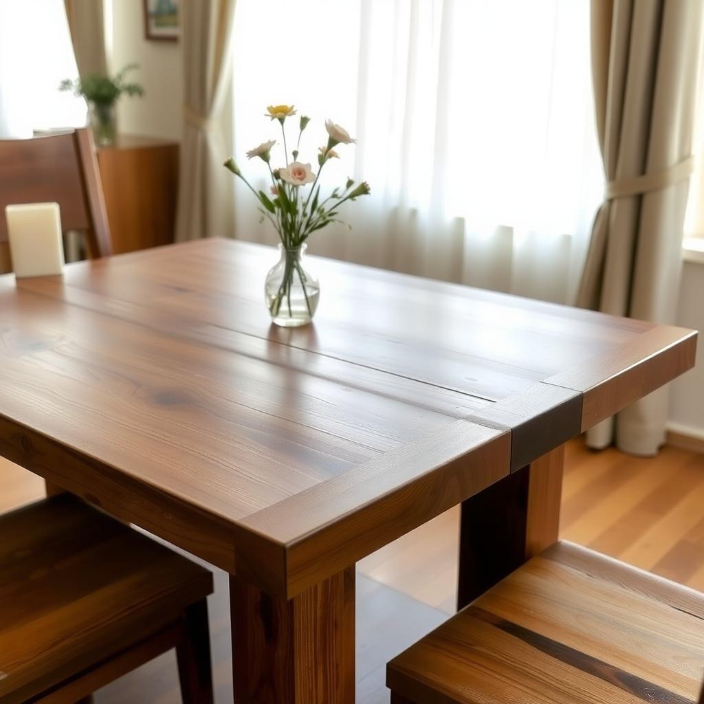 Wooden dining table with matte oil finish in a bright dining room.