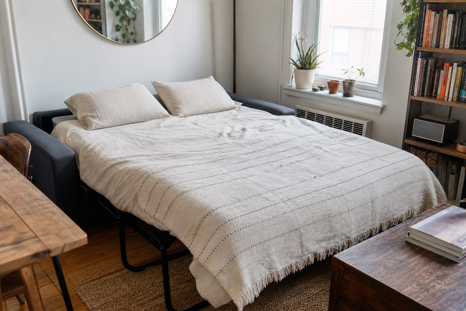 Futon sofa bed converted into a comfortable guest bed in a small apartment