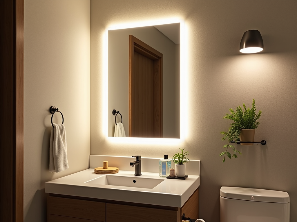 A bathroom with LED vanity lights and dimmable overhead lights.