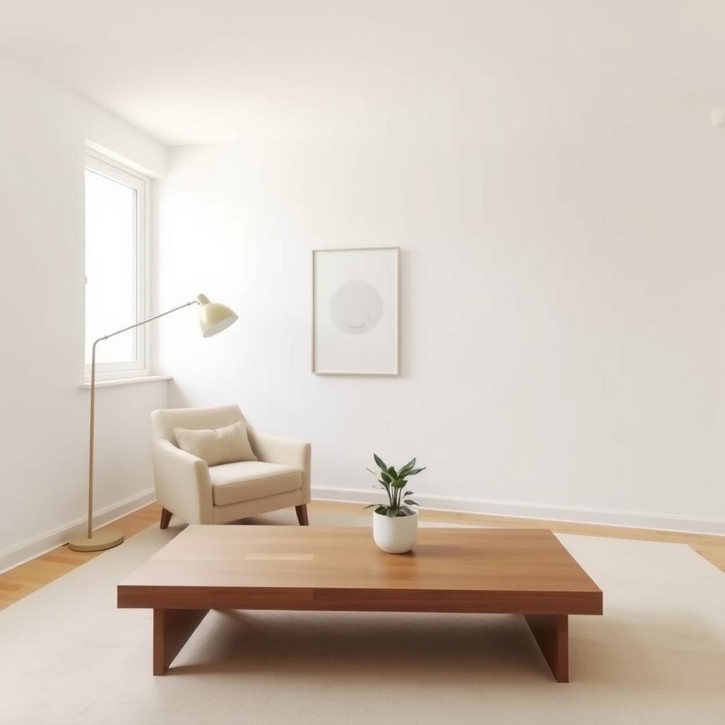 Cozy minimalist living room with neutral tones, a wooden coffee table, and a single potted plant.