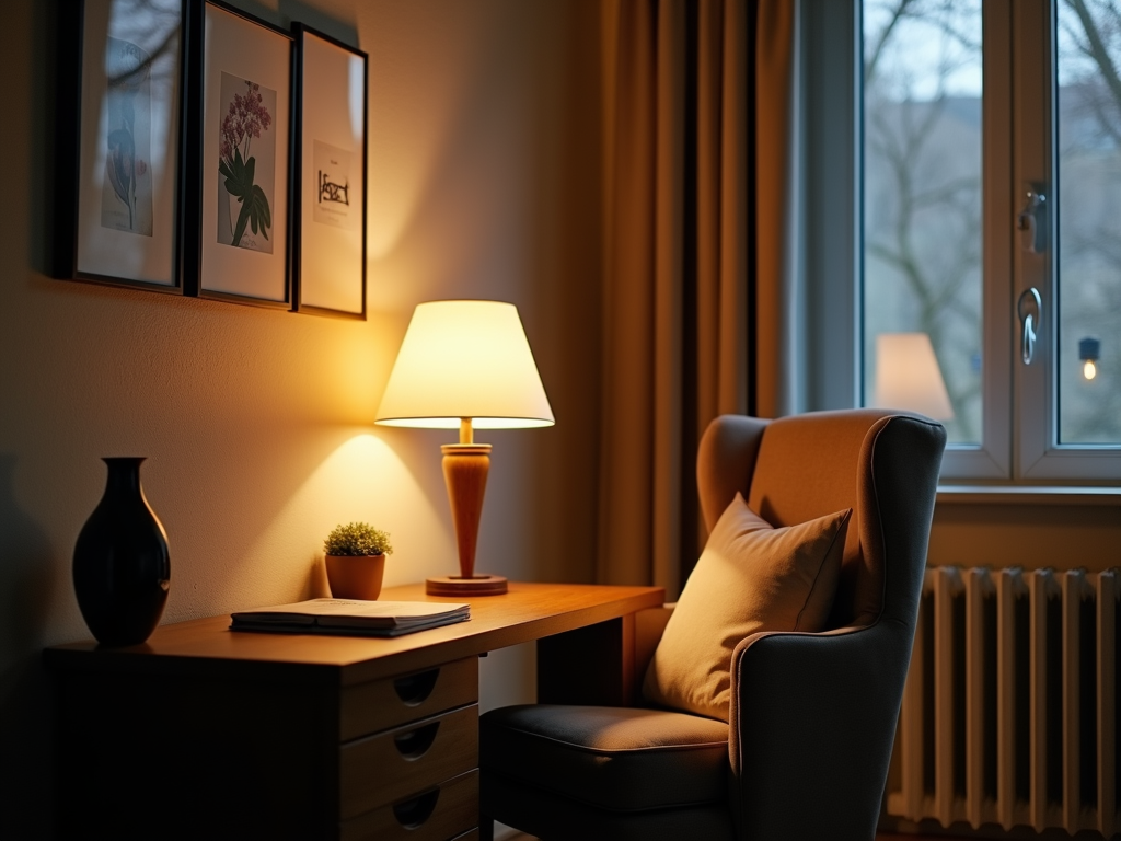 Home office with a table lamp creating a cozy workspace
