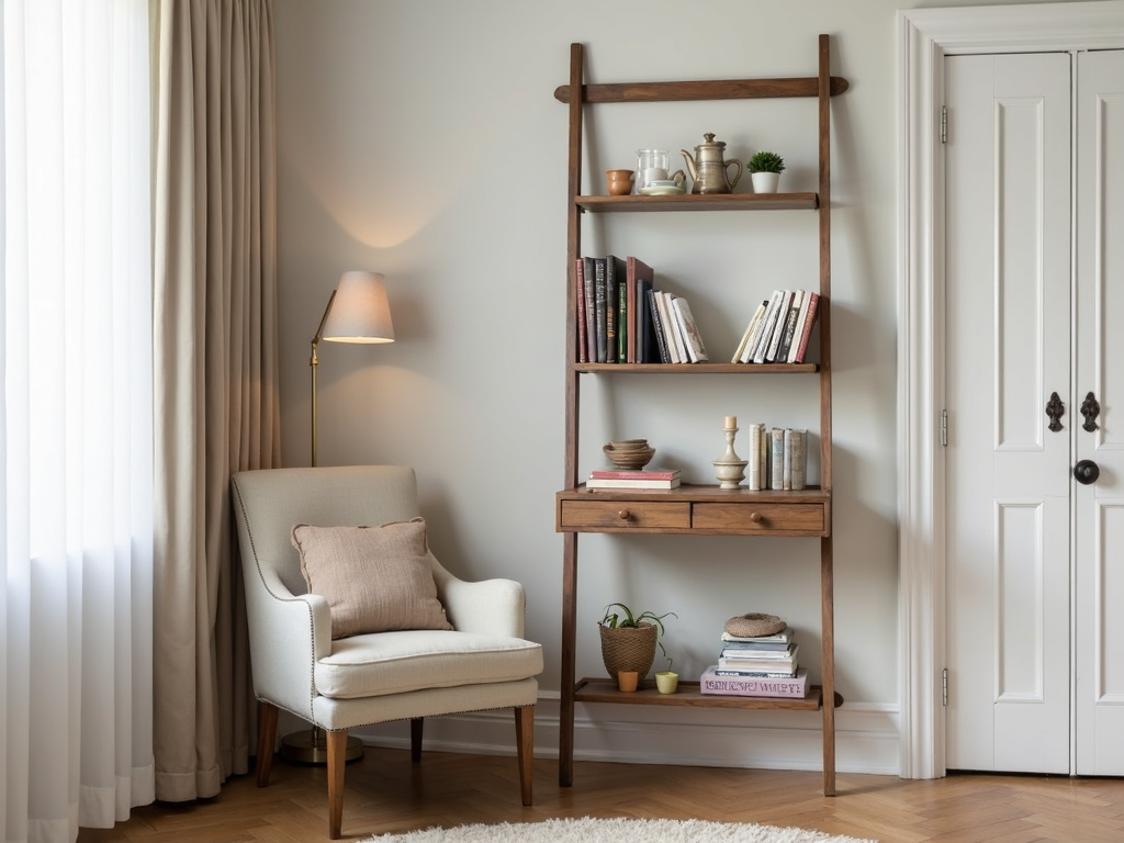 Ladder bookshelf in a small reading area
