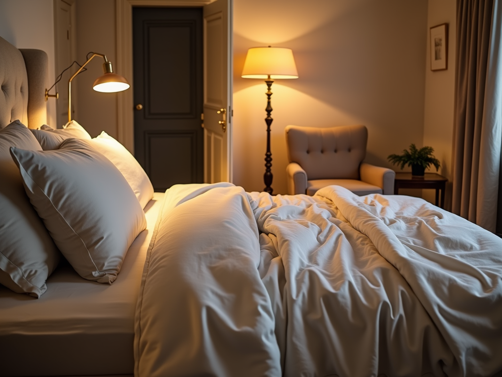 A cozy bedroom with a plush bed and warm lighting