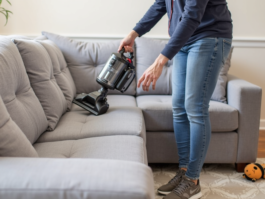 Vacuuming a sofa to remove dust and debris.
