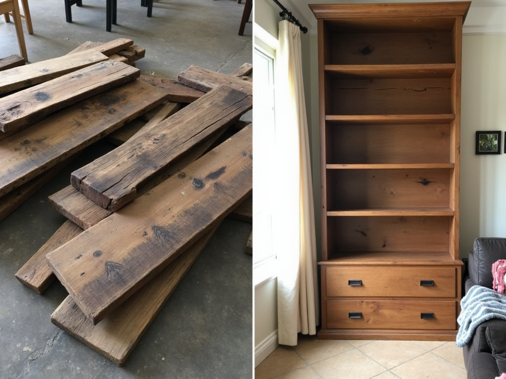 Reclaimed wood transformation from barn to bookshelf
