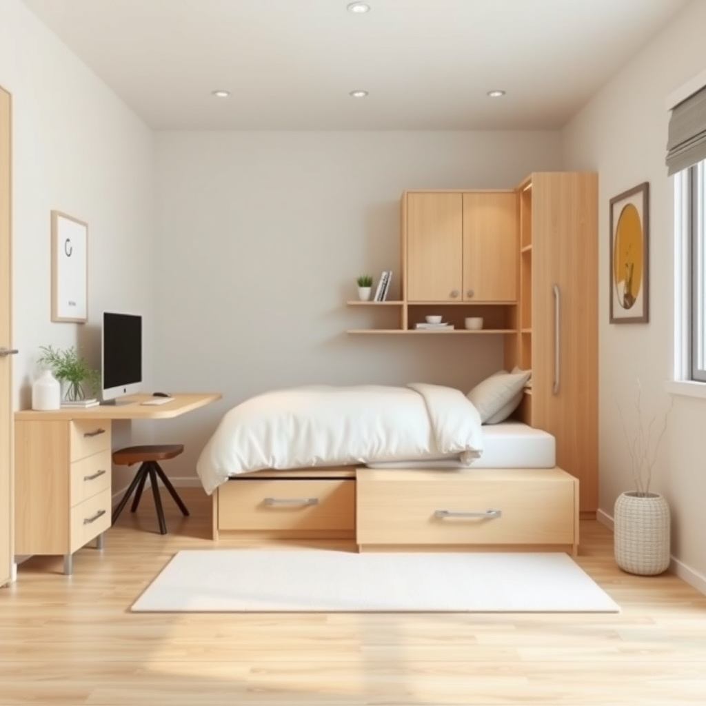 Small bedroom with light colors and multifunctional bed-desk combo