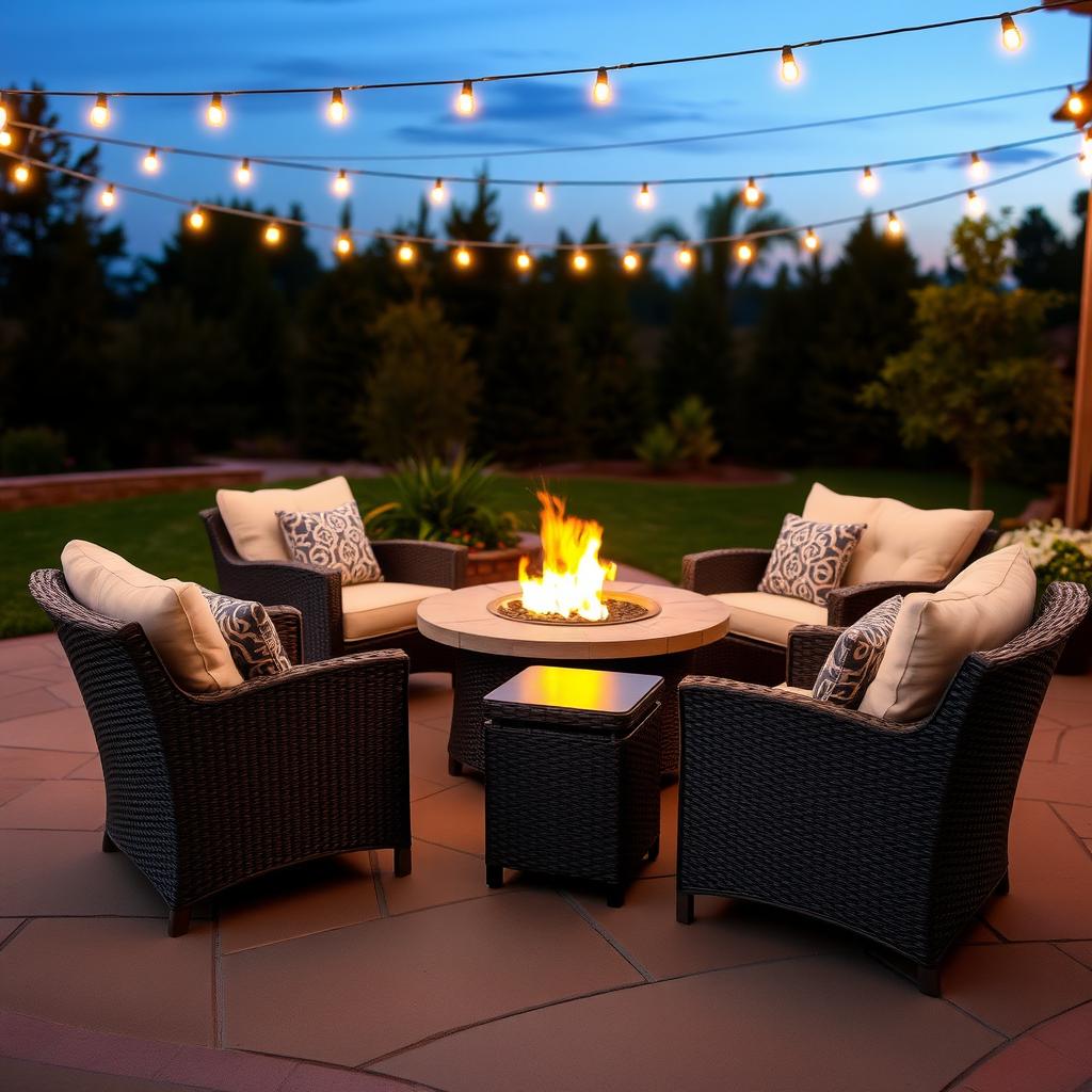 Synthetic wicker patio lounge set with cushions around a fire pit at dusk.