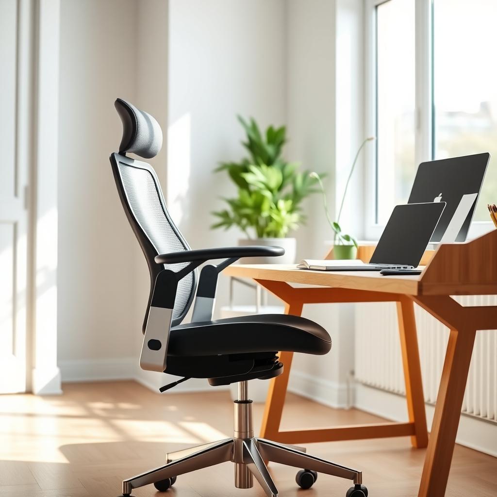 Modern home office with a black ergonomic chair at a wooden desk