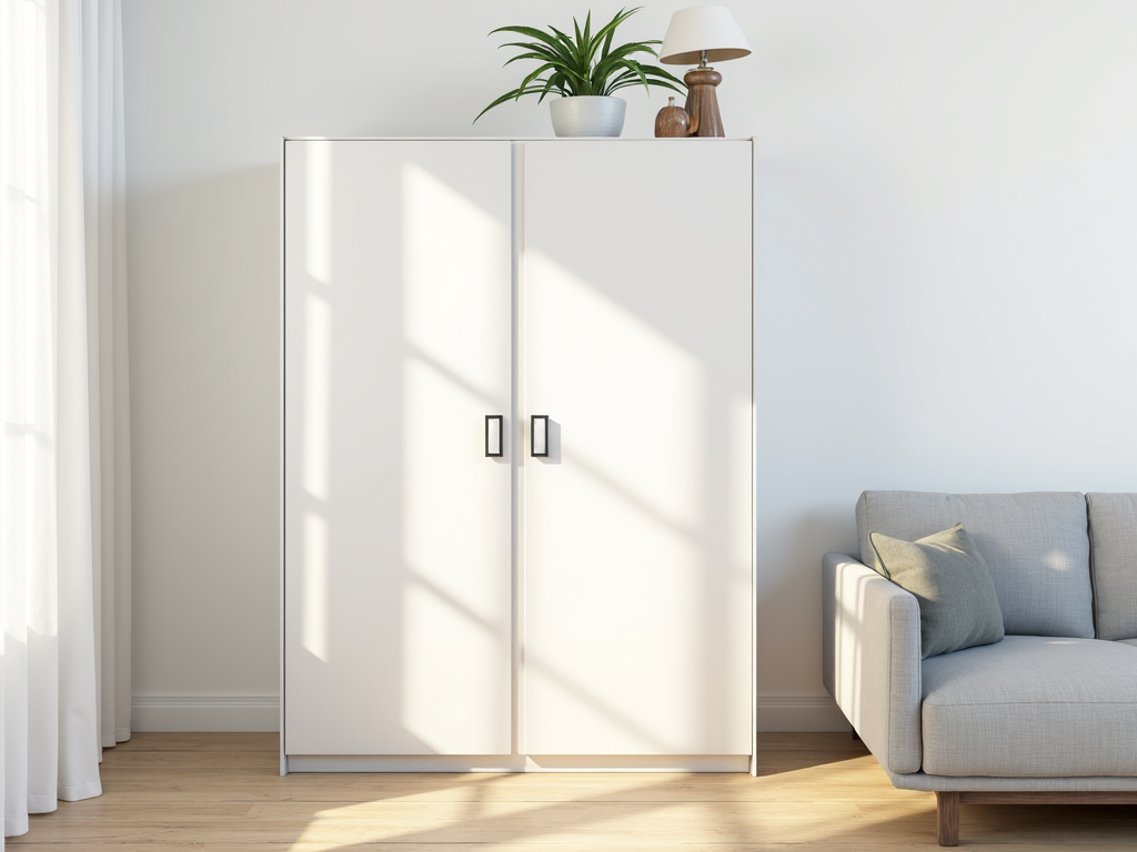White armoire styled in a modern living room