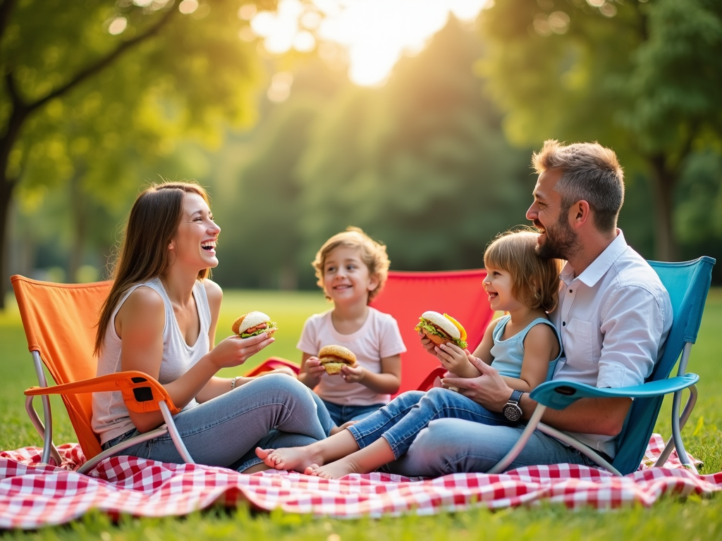 Family enjoying a picnic with portable foldable chairs on a sunny day.