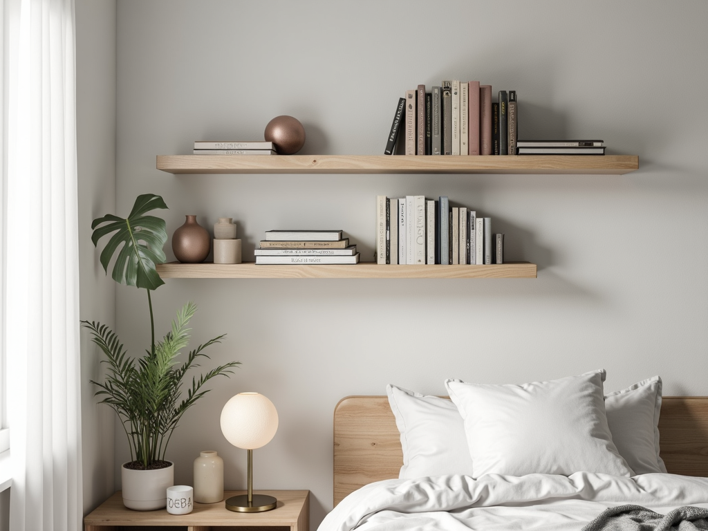 Floating shelves above a nightstand in a bedroom