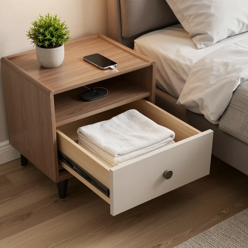 Functional nightstand features in a guest bedroom