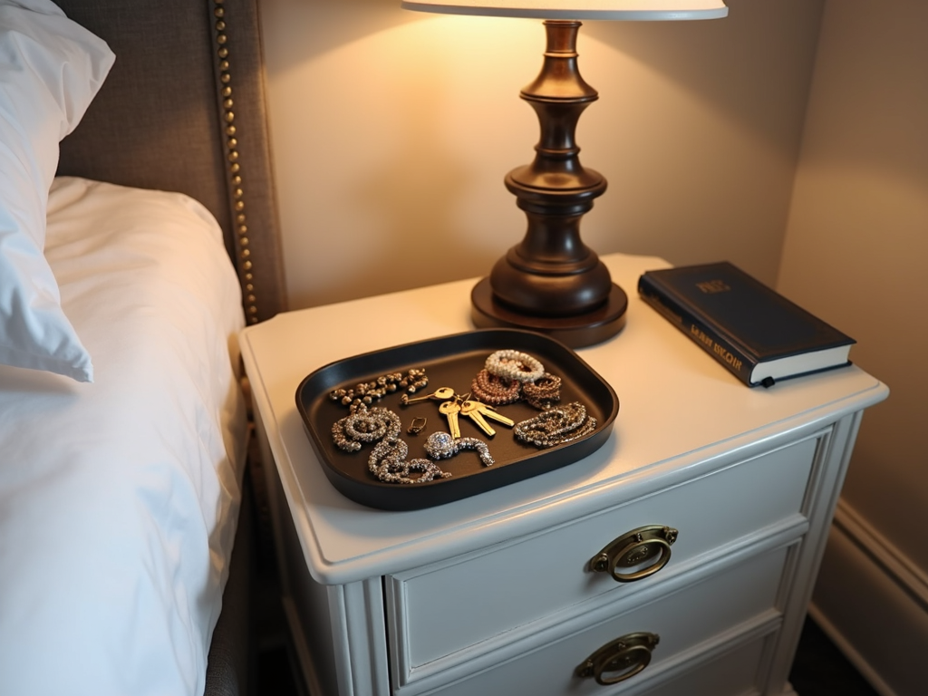 A nightstand with a tray for small items