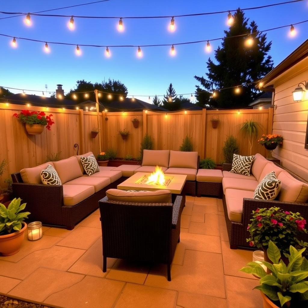 Cozy outdoor patio with modular sectional sofa, fire pit, potted plants, and string lights at dusk.