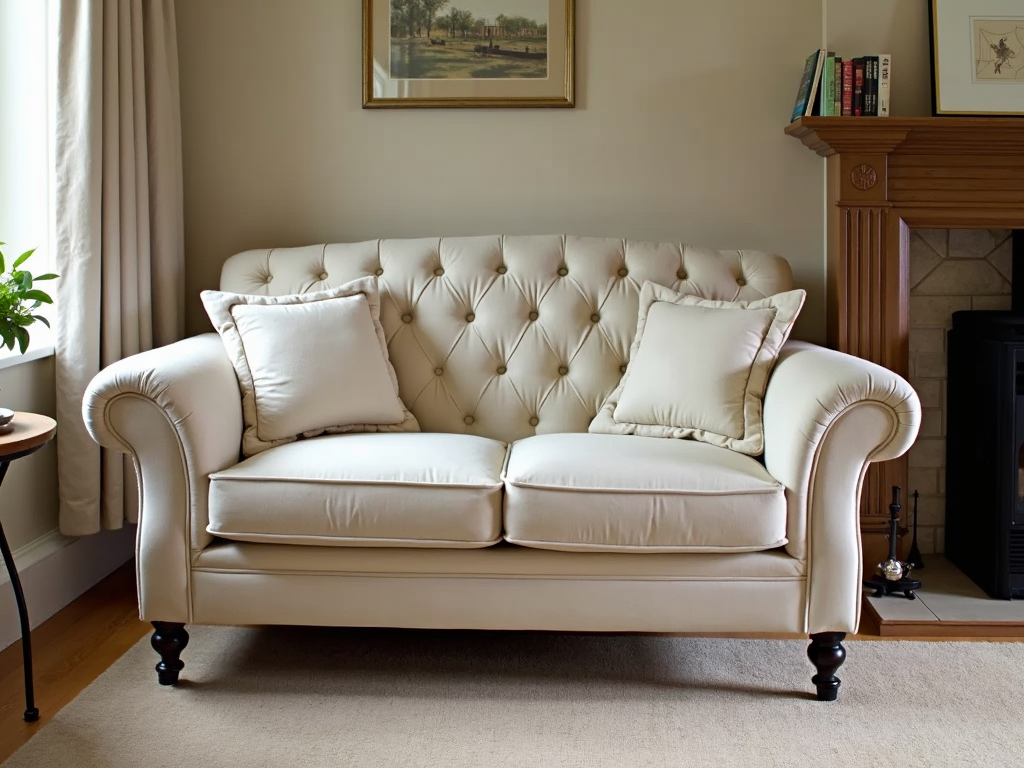 A traditional love seat in a small living room