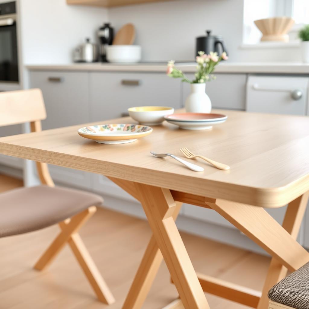 A light oak foldable dining table in a small kitchen, partially folded with plates and a vase on top.