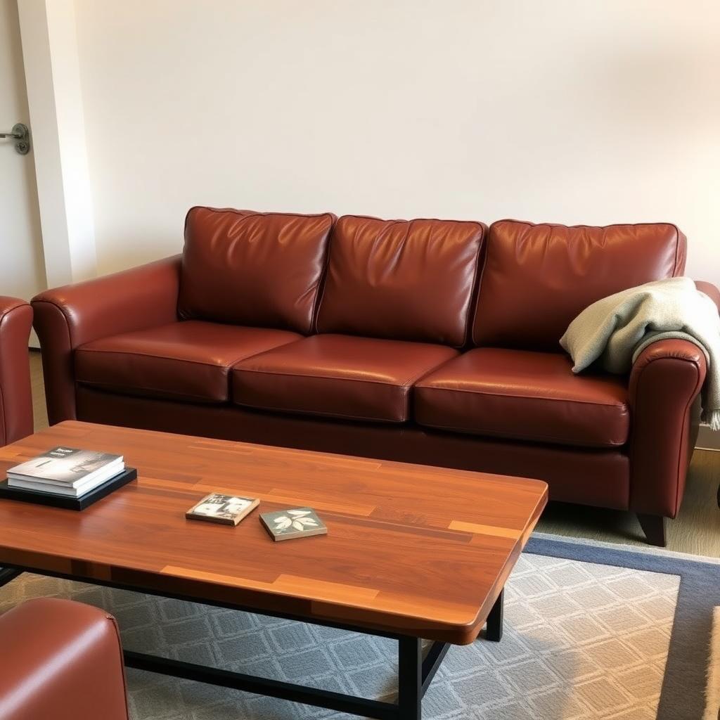 Living room with a clean leather sofa, wooden coffee table with coasters, and a cozy throw blanket.