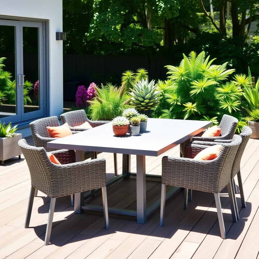 Modern patio dining set made from recycled ocean plastic on a sunny wooden deck with greenery.