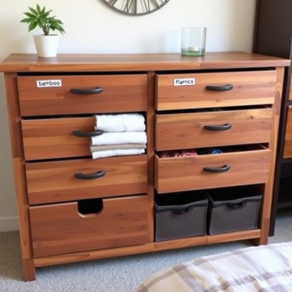 Organized six-drawer dresser with bamboo dividers and eco-friendly decor.