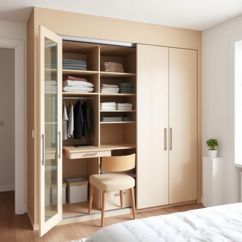 Modern wardrobe with sliding glass doors and a pull-out desk in a small apartment bedroom.