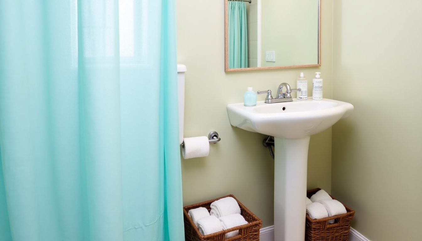 Pedestal sink with storage baskets in small bathroom