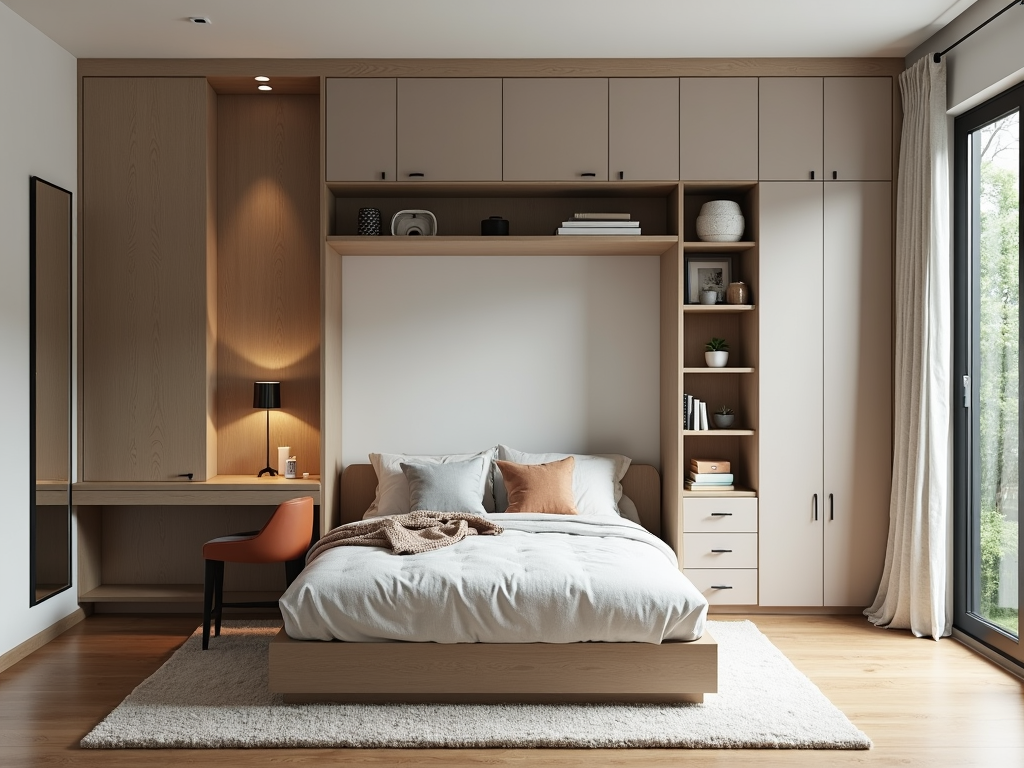 A small bedroom optimized with vertical storage and multi-functional furniture.