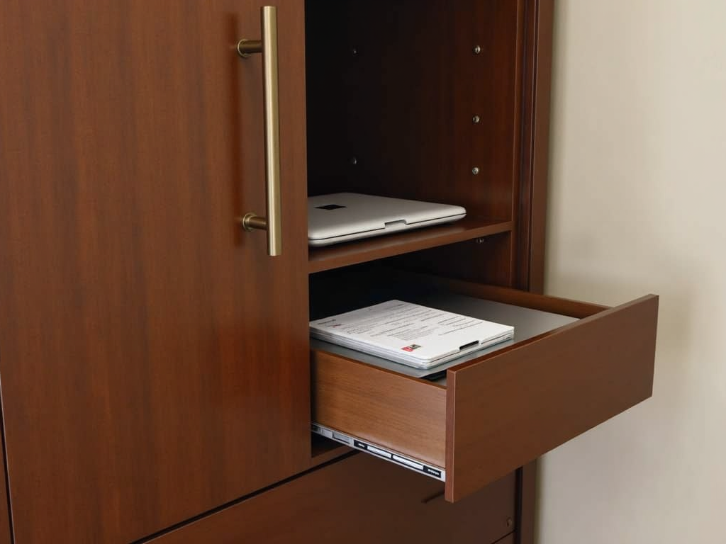 An armoire door open, showing a hidden compartment with a laptop inside.