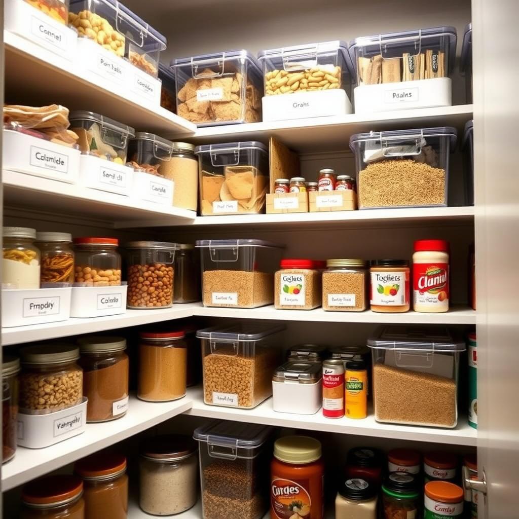 A tidy kitchen pantry with labeled stackable bins and organized shelves.