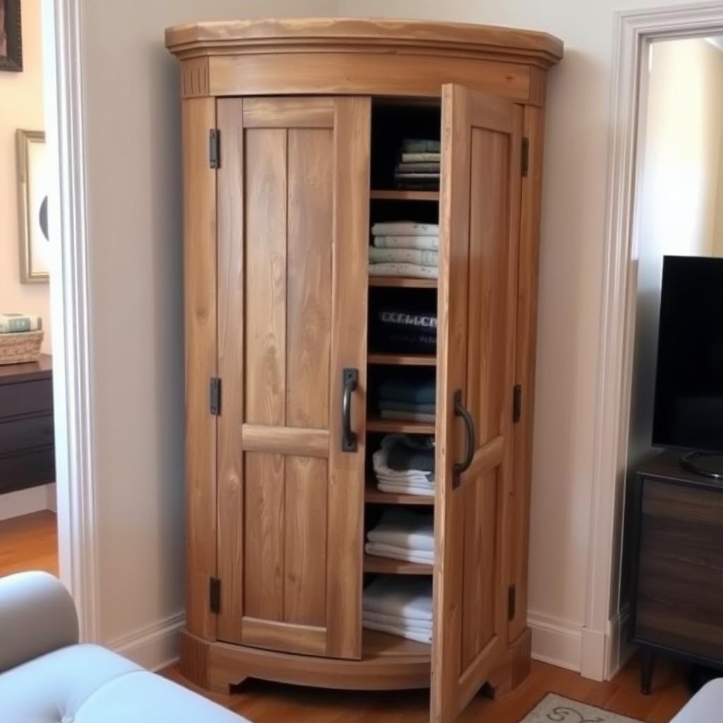 Rustic reclaimed wood corner armoire with shelves in a cozy studio apartment.