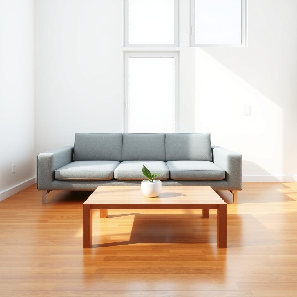 Minimalist living room with a gray sofa, wooden coffee table, and potted plant.