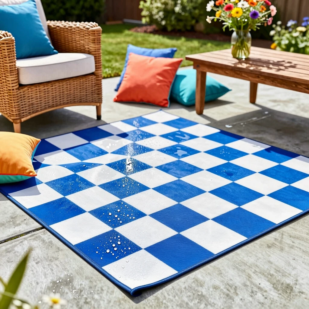 Affordable checkered outdoor rug enhancing patio furniture arrangement