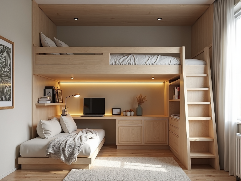 A small bedroom with a loft bed and functional workspace underneath.