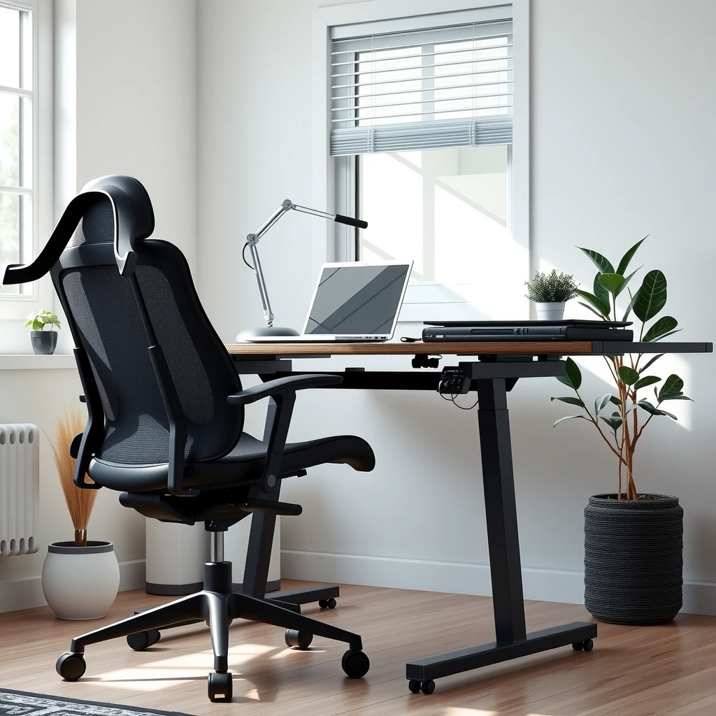Modern ergonomic home office setup with standing desk and adjustable chair