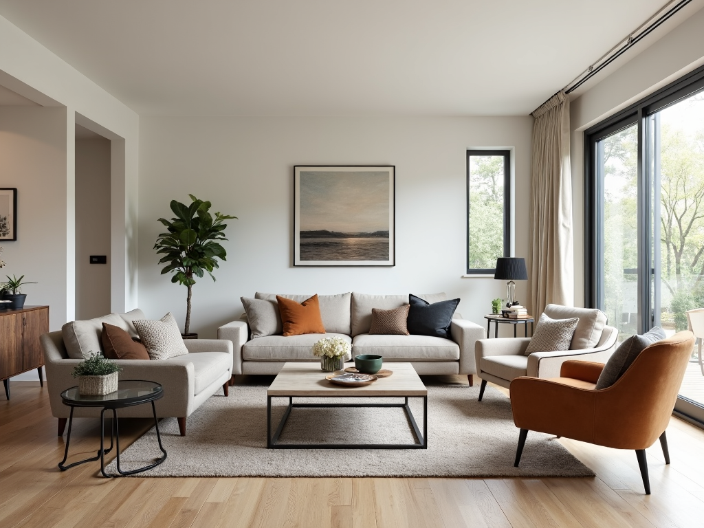 Cozy living room with furniture arranged in the center
