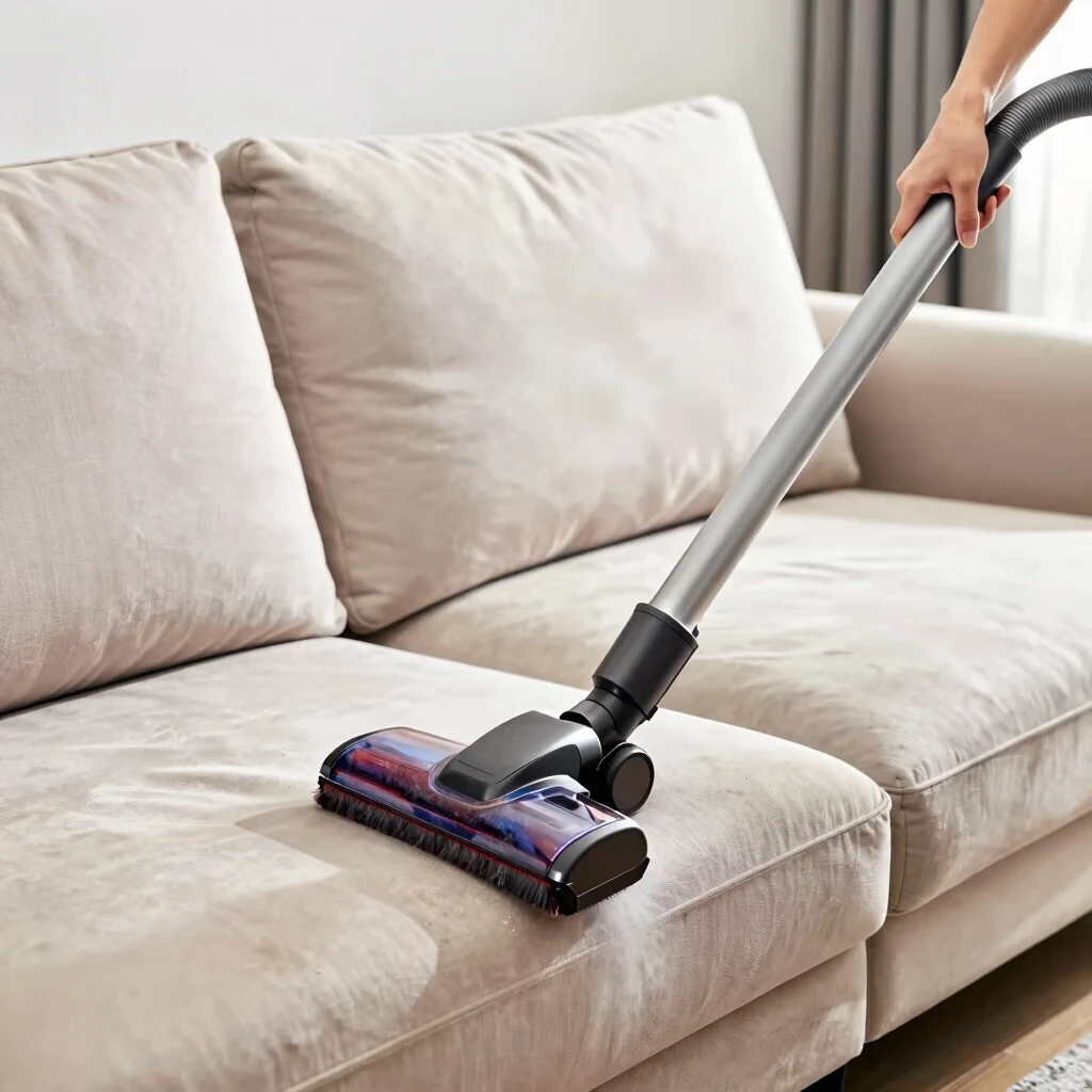 Vacuuming upholstered furniture to maintain cleanliness