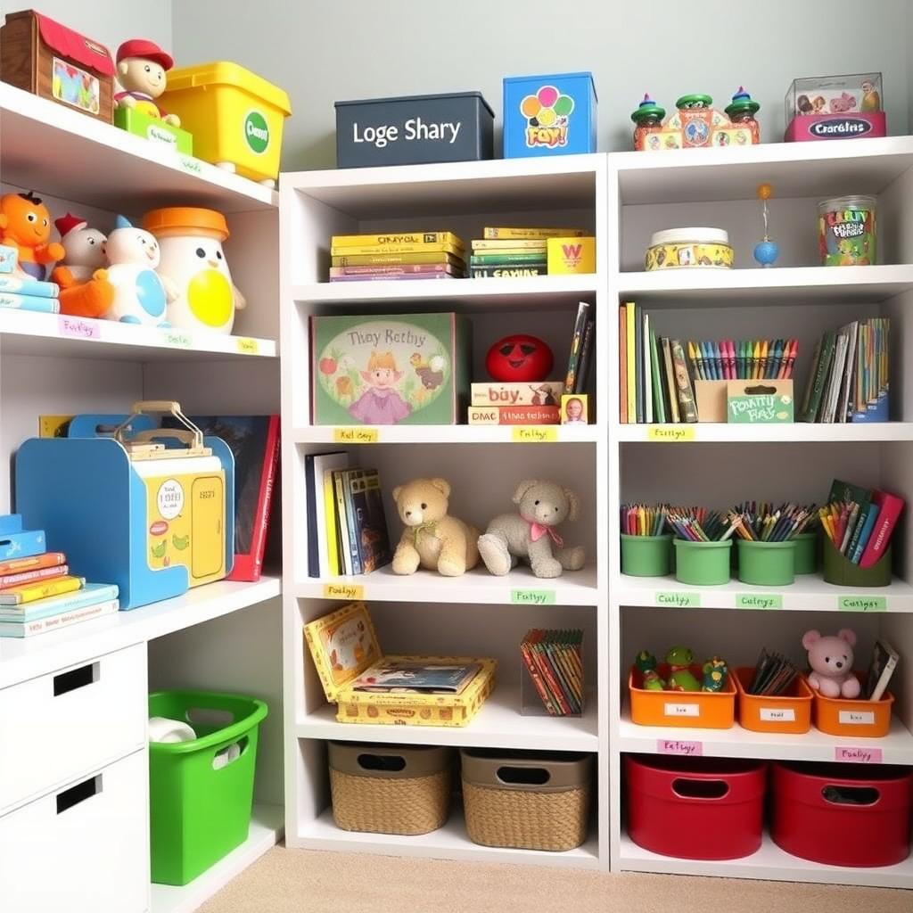 Low shelves in a small playroom with labeled toy bins.